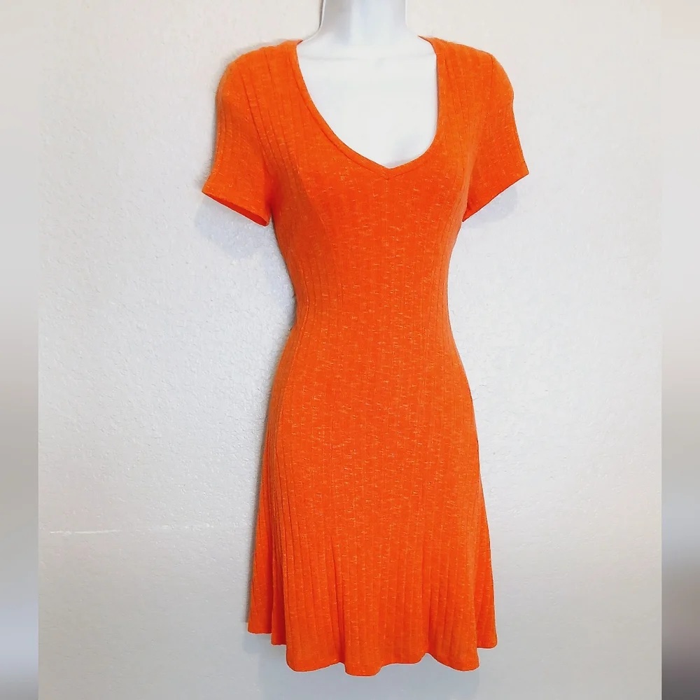 Anthropologie × Dolan Left Coast Ribbed Fit & Flare Dress in Tangerine Size S - Picture 4 of 8